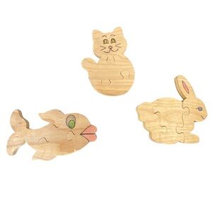 Vintage Wooden Animal Puzzle Set Kids Activity Set of Three